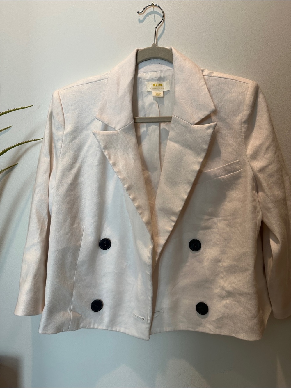 Maeve White Double-Breasted Cropped Blazer with Black Buttons